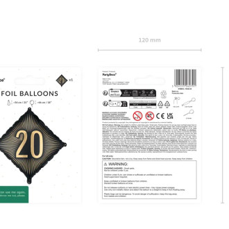 Čierny fóliový balón 20 s pozláteným nápisom, 46 x 46 cm